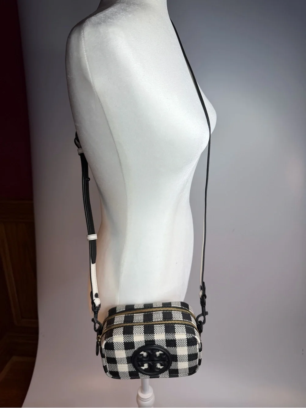 Tory Burch Perry Bombe Gingham Mini Bag Black & White  Crossbody.  NWT
